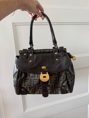 Authentic Vintage Fendi Brown Zucca Canvas and Leather Shoulder Bag